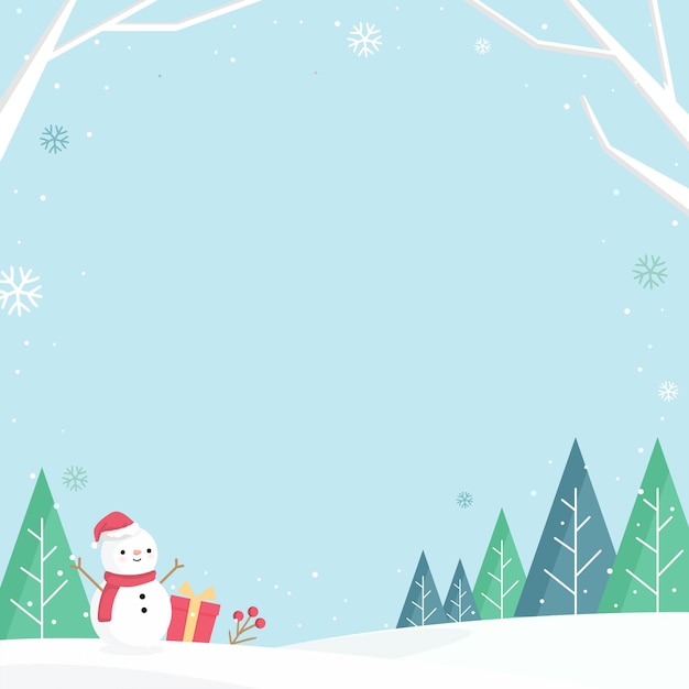 Illustration of Snowy winter background with trees and snowman.