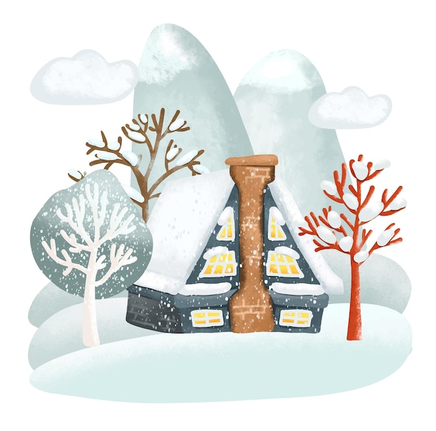 Illustration of snowy winter house in the forest, winter cartoon landscape