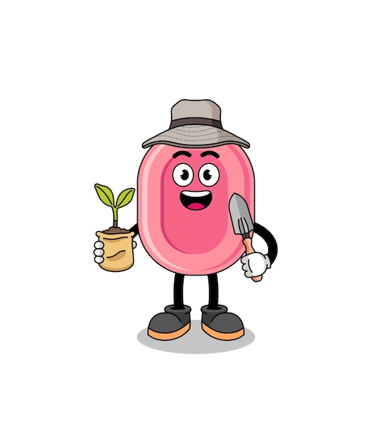 Illustration of soap cartoon holding a plant seed