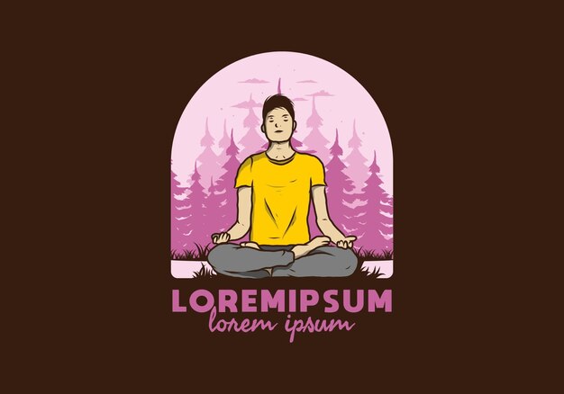 Illustration of a someone doing yoga and meditating outdoors in a forest in nature among pine trees