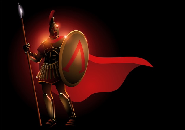 illustration of spartan warrior wearing helmet and red cloak, Leonidas fantasy illustration