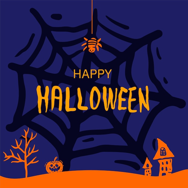 Illustration of Spider web background and Halloween calligraphy square banner.