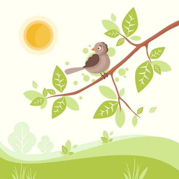 Vector illustration of spring a bird on a branch