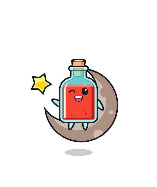 Illustration of square poison bottle cartoon sitting on the half moon cute design