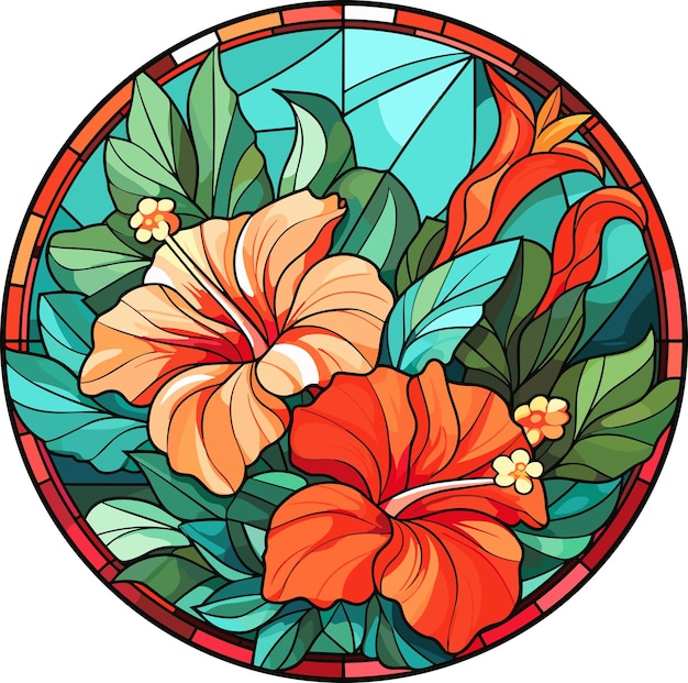 Illustration in stained glass style with abstract flowers leaves and curls round image Vector illustration