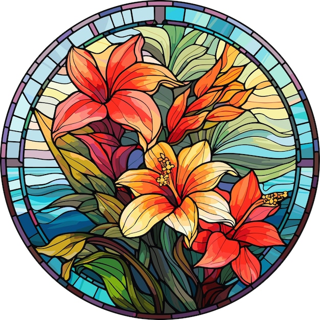 Illustration in stained glass style with abstract flowers leaves and curls round image Vector illustration