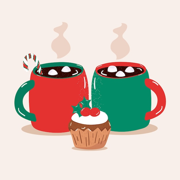 illustration Steaming hot chocolate with marshmallows in cup with cupcakes  Vector