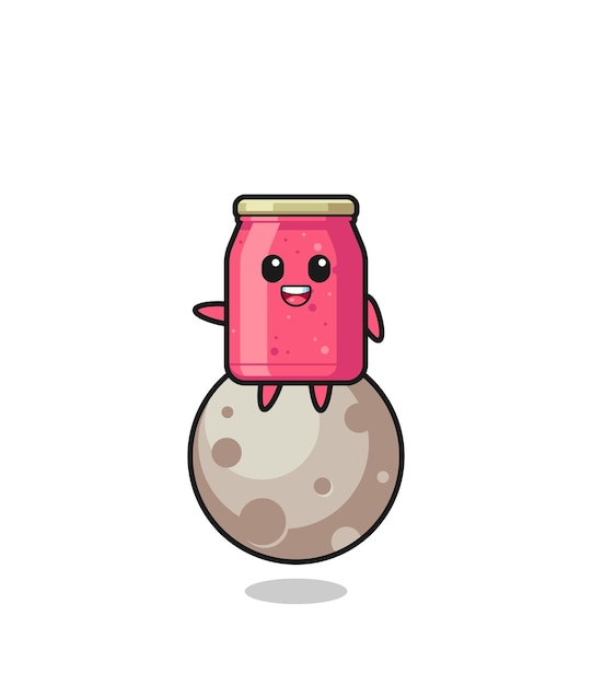 Illustration of strawberry jam cartoon sitting on the moon cute design