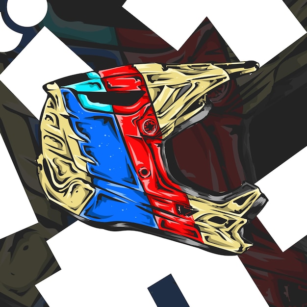 illustration of a strip red and blue motorcycle helmet in a vintage style