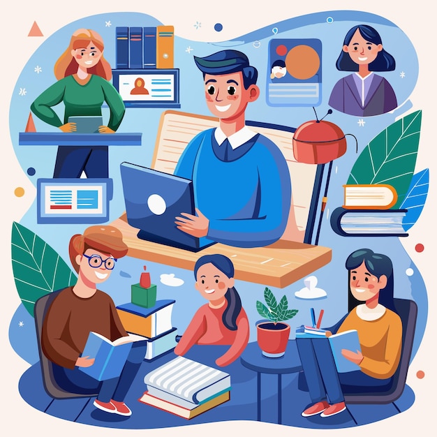 illustration of students and teachers s tudying online