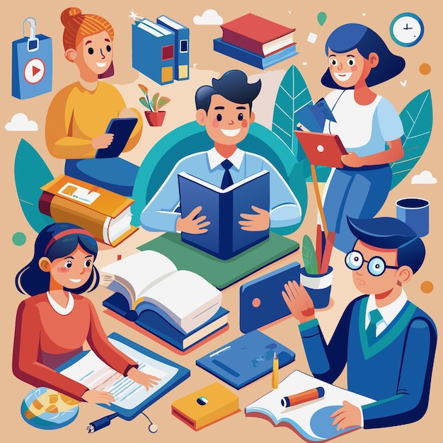 illustration of students and teachers s tudying online