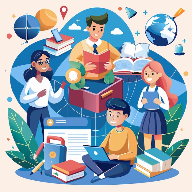 illustration of students and teachers s tudying online