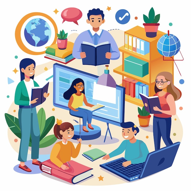 illustration of students and teachers s tudying online