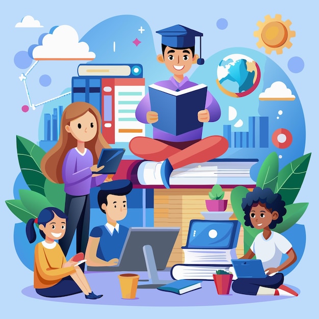 illustration of students and teachers s tudying online