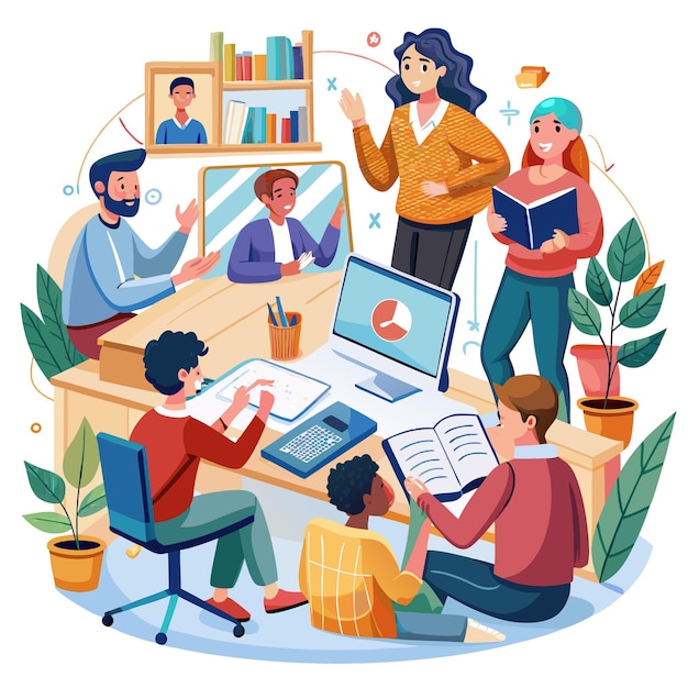 illustration of students and teachers s tudying online