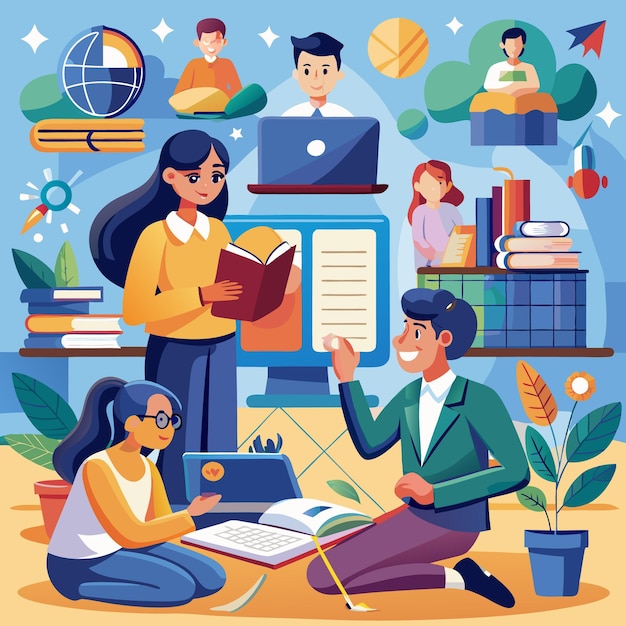 illustration of students and teachers s tudying online