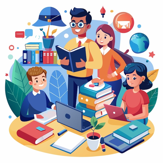 illustration of students and teachers s tudying online