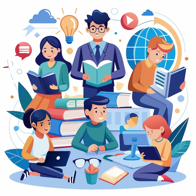 illustration of students and teachers s tudying online