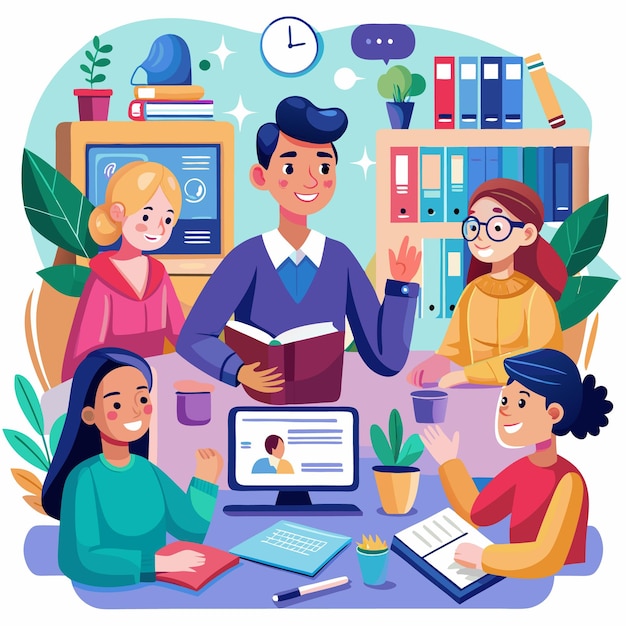 illustration of students and teachers s tudying online