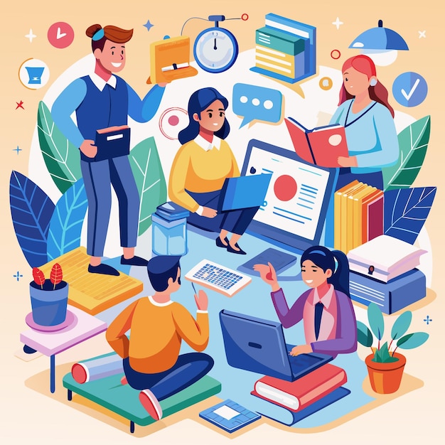 illustration of students and teachers s tudying online