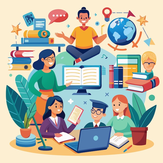 illustration of students and teachers s tudying online