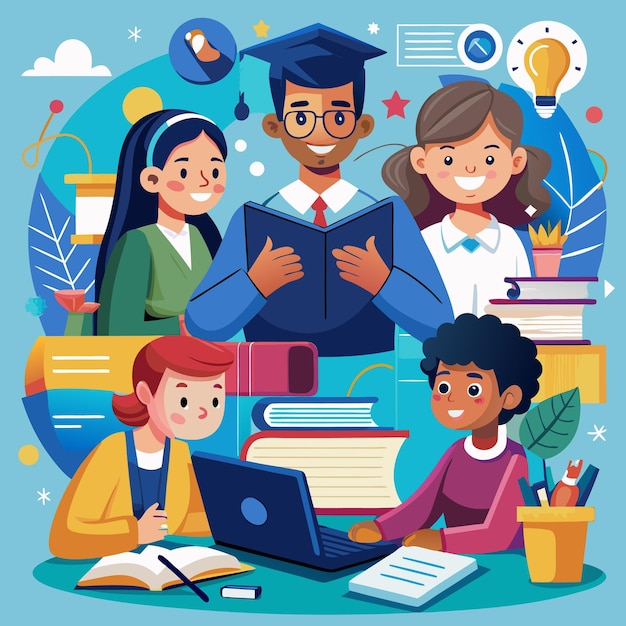 illustration of students and teachers s tudying online