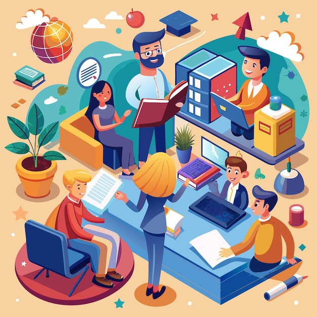 illustration of students and teachers s tudying online