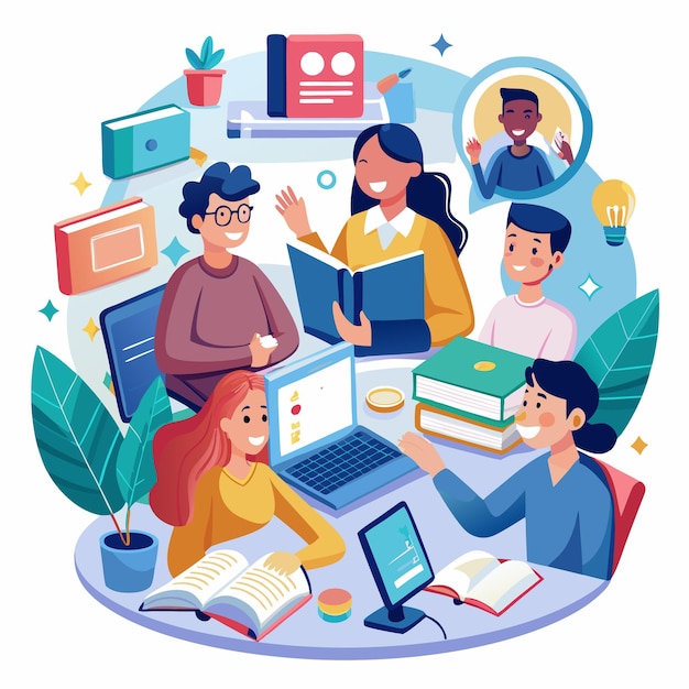 illustration of students and teachers s tudying online