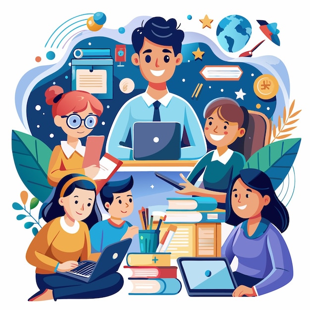 illustration of students and teachers s tudying online