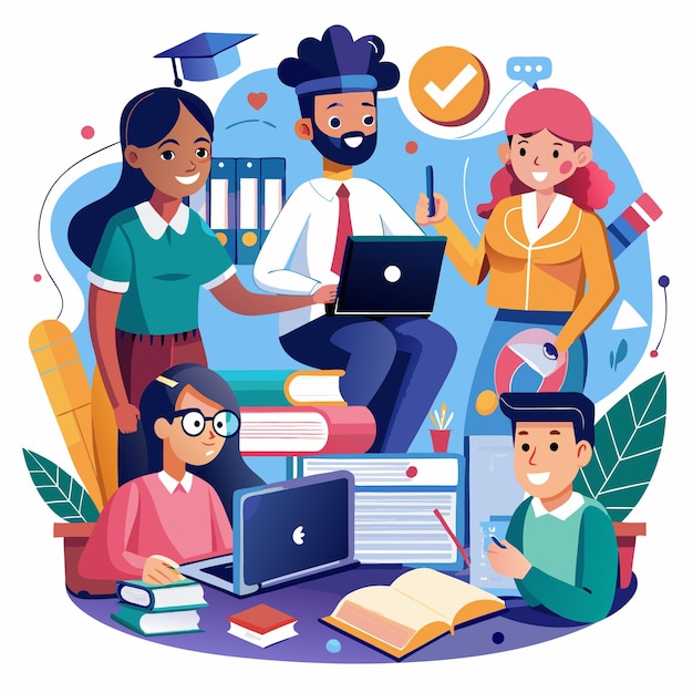 illustration of students and teachers s tudying online