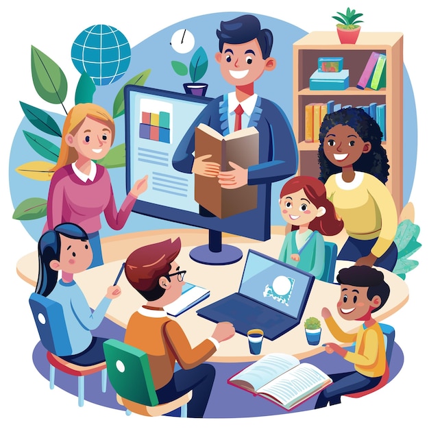 illustration of students and teachers s tudying online