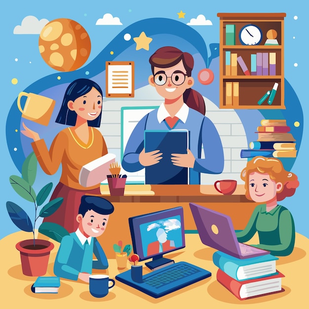 illustration of students and teachers s tudying online