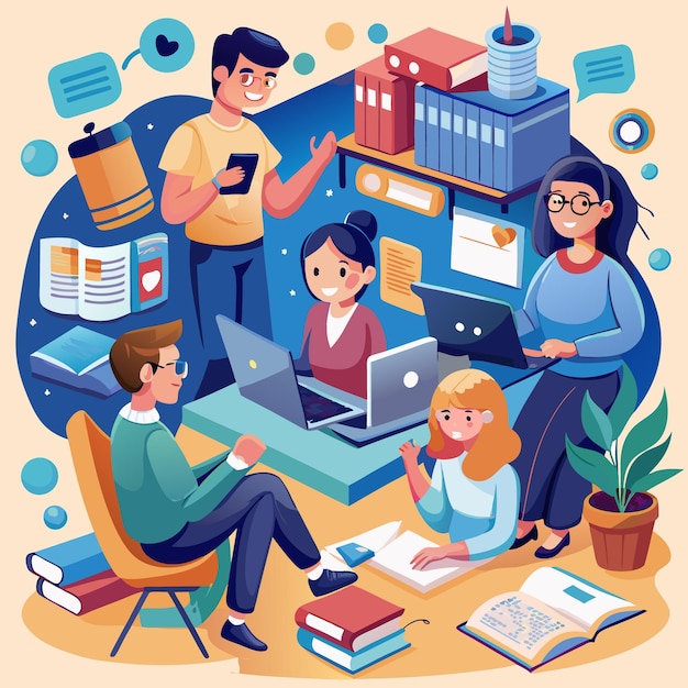 illustration of students and teachers s tudying online