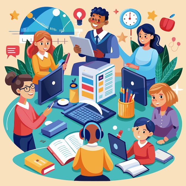 illustration of students and teachers s tudying online