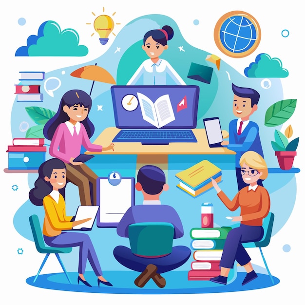 illustration of students and teachers s tudying online