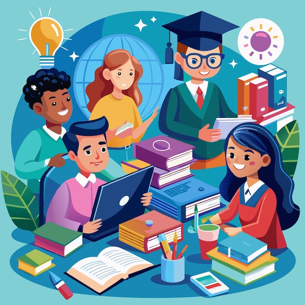 illustration of students and teachers s tudying online