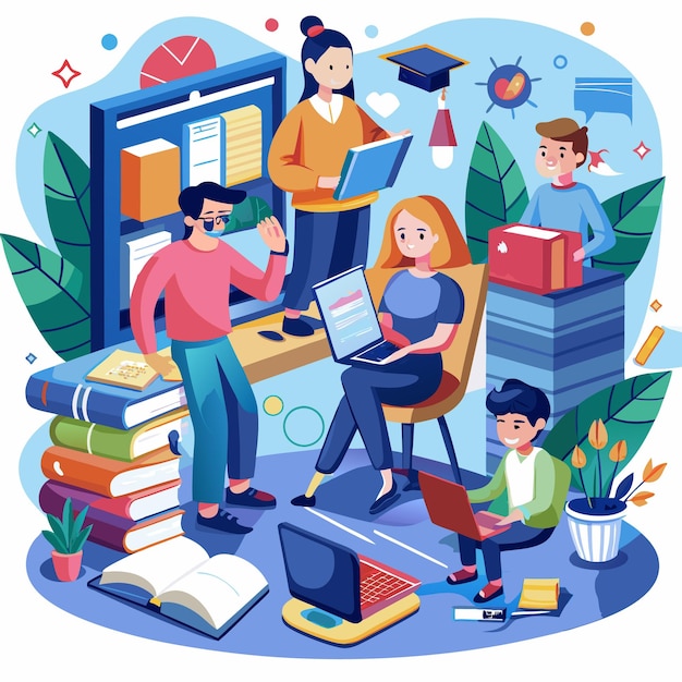 illustration of students and teachers s tudying online