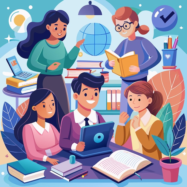 illustration of students and teachers s tudying online