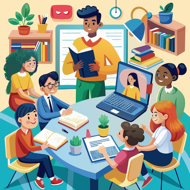 illustration of students and teachers s tudying online