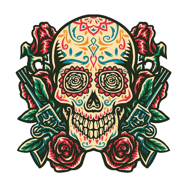 illustration of sugar skull with a gun and a rose