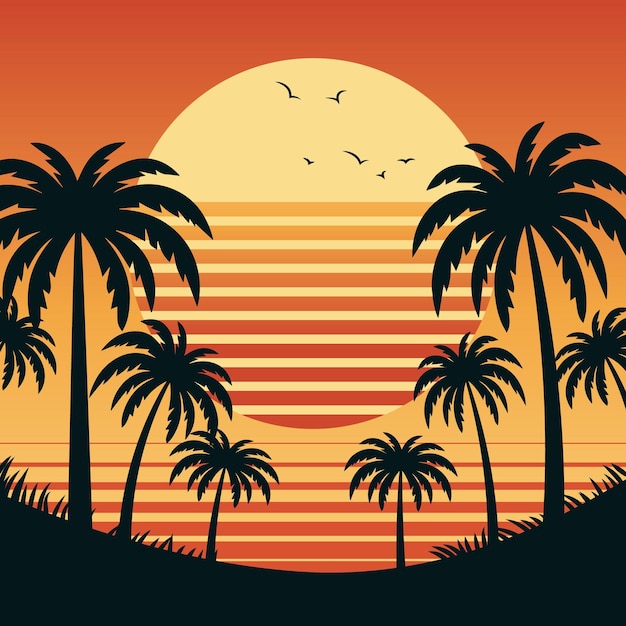 Illustration of summer beach sunset view with palm tree silhouette