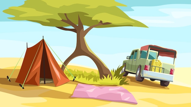 Illustration of summer camp with truck in hot desert near tree