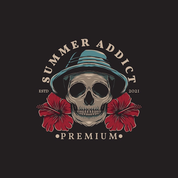 Illustration of summer skull wearing hat and hibiscus flowers with hand drawn style