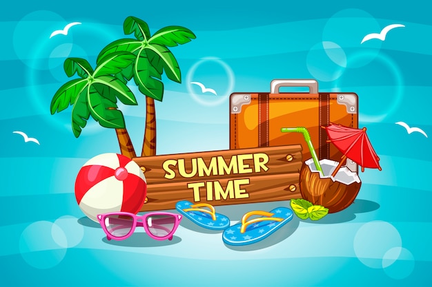 Illustration Summer time with cartoon Objects