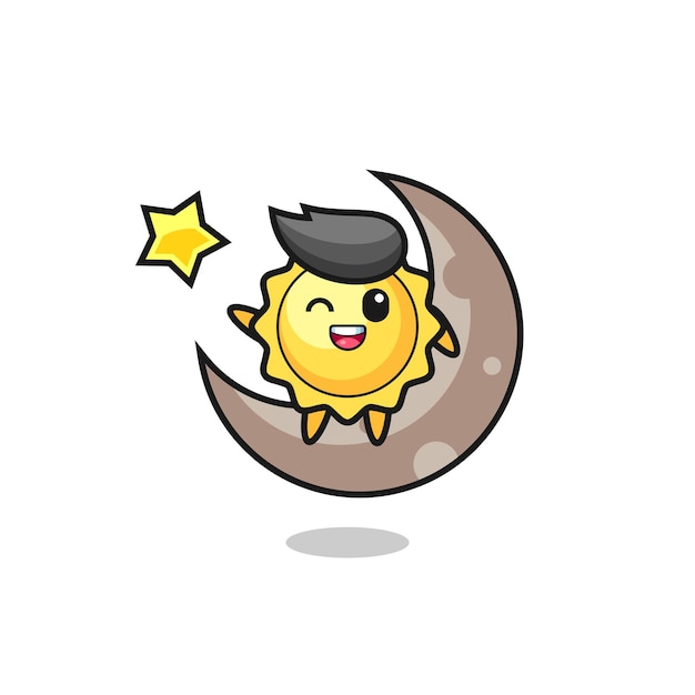 Illustration of sun cartoon sitting on the half moon , cute style design for t shirt, sticker, logo element