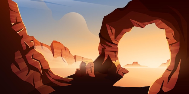 Vector illustration of a sunset with hilly rocks in the desert