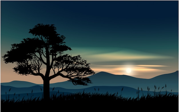 illustration of sunset with mountain and tree