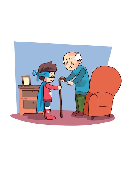 illustration of super hero kid helping old grandpa