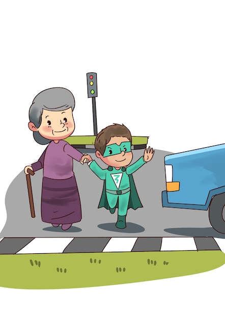 illustration of super hero kid helping old lady to crossing street