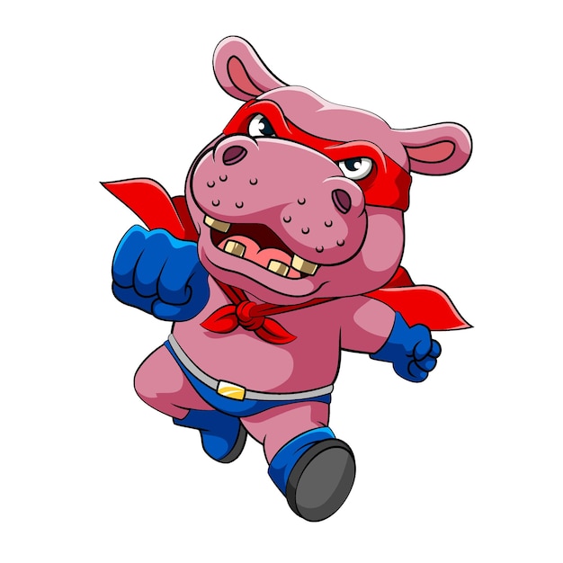 The illustration of the super hippopotamus with the red mask and blue gloves with running pose